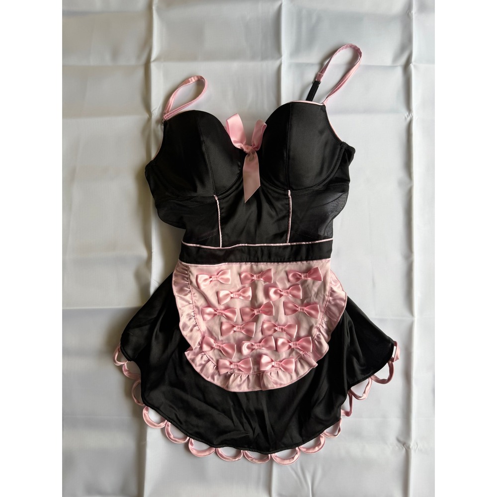 Vintage Y2K Victoria's Secret Babydoll 36B Black Pink French Maid Costume Bows - Picture 2 of 6